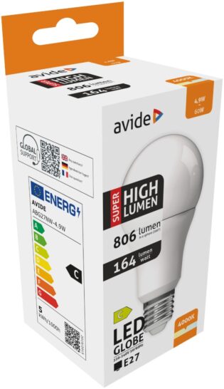 atc Avide LED Κοινή A60 4.9W E27 Λευκό 4000K Super Υψηλής Φωτεινότητας