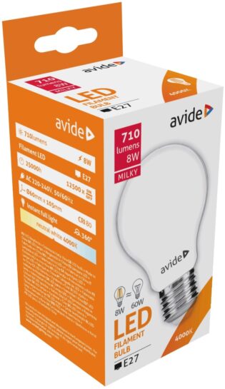 atc Avide LED Filament Γαλακτερό Κοινή 7.5W E27 360° Λευκό 4000K