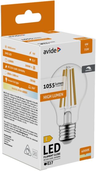 atc Avide LED Filament Κοινή  9W E27 360° Λευκό 4000K Υψηλής Φωτεινότητας Ντιμαριζόμενο