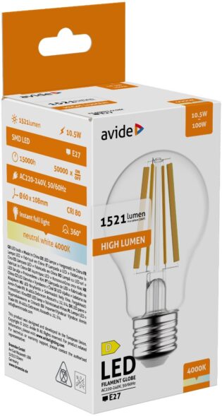 atc Avide LED Filament Κοινή 10.5W E27 A70 Λευκό 4000K Υψηλής Φωτεινότητας