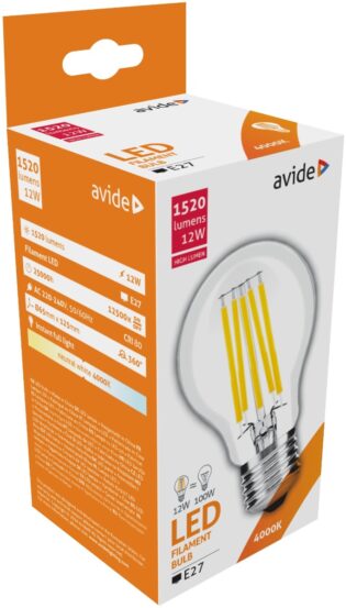 atc Avide LED Filament Κοινή 12W E27 A65 360° Λευκό 4000K Υψηλής Φωτεινότητας