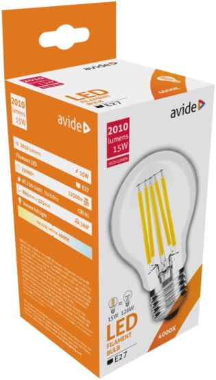 atc Avide LED Filament Κοινή 15W E27 A65 360° Λευκό 4000K Υψηλής Φωτεινότητας