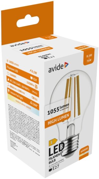 atc Avide LED Filament Κοινή  8.5W E27 Λευκό 4000K Υψηλής Φωτεινότητας