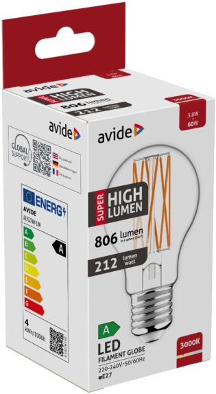 atc Avide LED Filament Κοινή  3.8W E27 Θερμό 3000K Super Υψηλής Φωτεινότητας