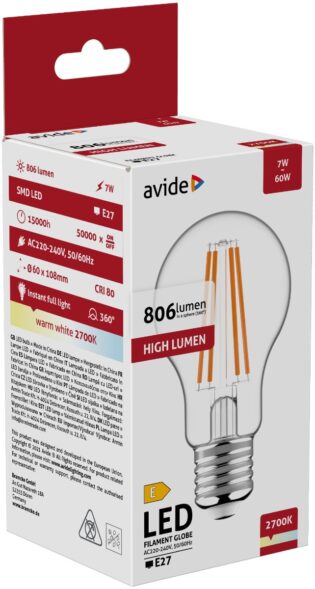 atc Avide LED Filament Κοινή  7W E27 Θερμό 2700K