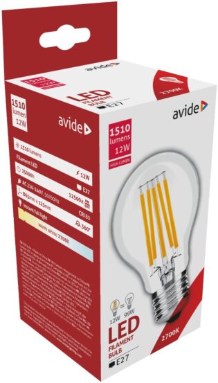 atc Avide LED Filament Κοινή 12W E27 A65 360° Θερμό 2700K Υψηλής Φωτεινότητας
