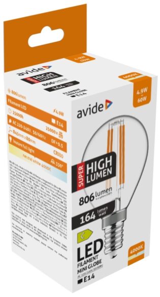 atc Avide LED Filament Σφαιρική 4.9W E14 Λευκό 4000K Super Υψηλής Φωτεινότητας