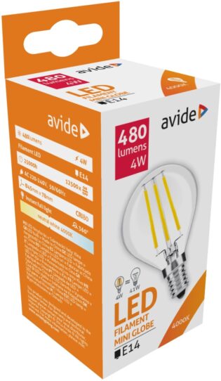atc Avide LED Filament Σφαιρική  4W E14 360° Λευκό 4000K