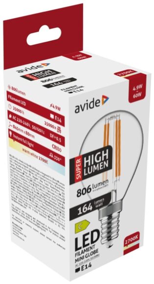 atc Avide LED Filament Σφαιρική 4.9W E14 Θερμό 2700K Super Υψηλής Φωτεινότητας