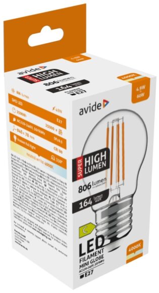 atc Avide LED Filament Σφαιρική 4.9W E27 Λευκό 4000K Super Υψηλής Φωτεινότητας