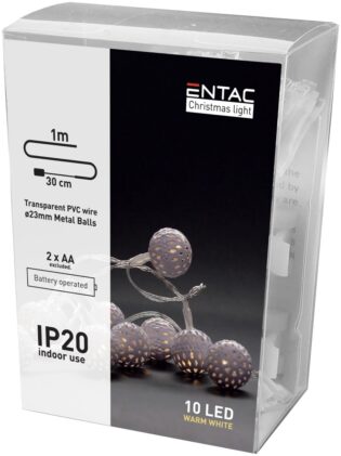 atc Entac Χριστουγεννιάτικα Εσωτερικές Μεταλλικές Μπάλες 10 LED Θερμό 1m (2xAA Δεν περιλαμβ.)