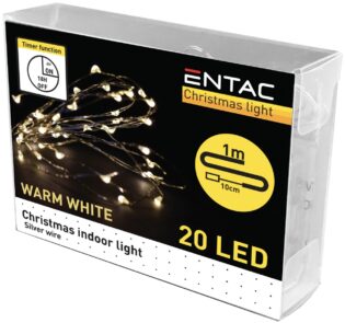 atc Entac Χριστουγεννιάτικα Εσωτερικά Ασημί Καλώδιο 20 LED με χρονοδιακόπτη Θερμό 1m (2×2032 Περιλαμβ.)