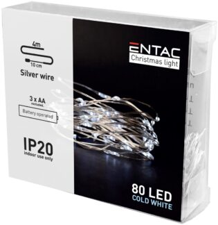 atc Entac Χριστουγεννιάτικα Εσωτερικά Ασημί Καλώδιο 80 LED Ψυχρό 4μ (3xAA Δεν περιλαμβ.)