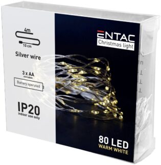atc Entac Χριστουγεννιάτικα Εσωτερικά Ασημί Καλώδιο 80 LED Θερμό 4μ (3xAA Δεν περιλαμβ.)