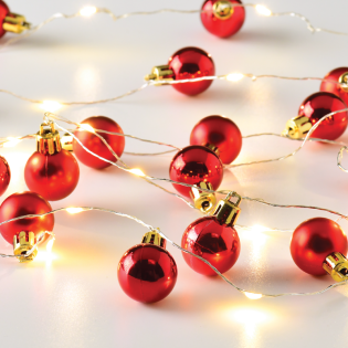 "XMAS ΓΙΡΛΑΝΤΑ ΚΟΚΚΙΝΕΣ ΜΠΑΛΕΣ" 20 LED WW ΛΑΜΠΑΚ ΣΕΙΡ ΑΣΗΜΙ ΚΑΛ ΧΑΛΚΟΥ,ΜΠΑΤ (2xAA)IP20 190+30cm